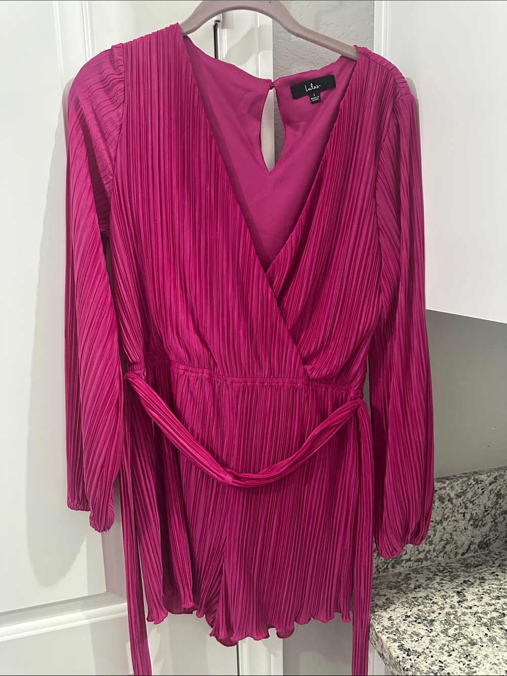 Lulu's Fuchsia Pleated Wrap Long Sleeve Romper